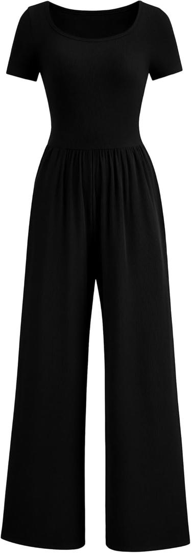 PRETTYGARDEN Women's Summer One Piece Jumpsuits Dressy Casual Short Sleeve Square Neck Wide Leg Rompers Travel Outfit Clothes (Black,Large)