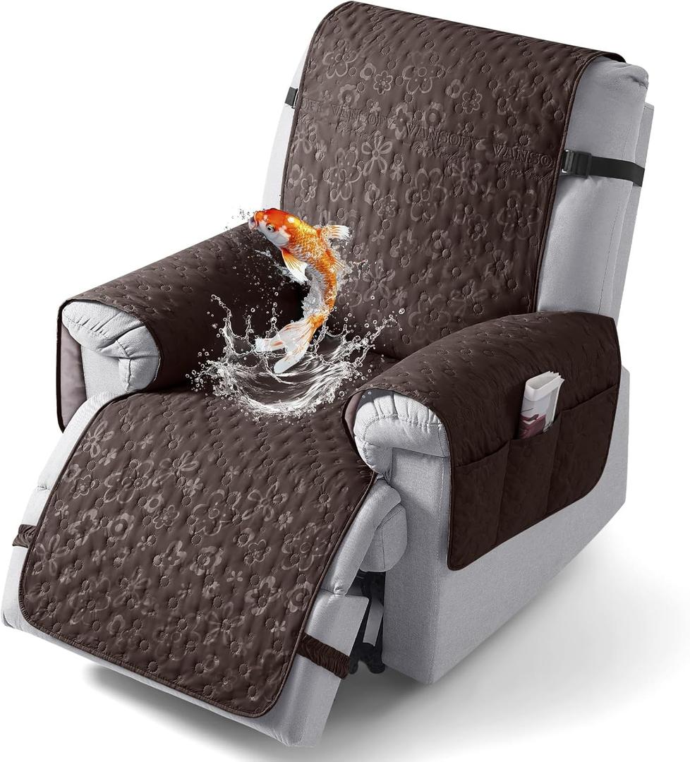 VANSOFY 100% Waterproof Recliner Chair Cover, Recliner Cover with Non-Slip Granule, Washable Reclining Chair with Pocket Furniture Protector for Kids, Pets(Chocolate, 23")
