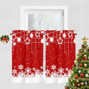 YOSTEV Christmas Kitchen Curtain 2 Panels Set, Red Snowflakes Velvet Curtains for Cafe Window, Winter Holiday Treatment Rod Pocket Thermal Insulated Room Darkening, 26x45 Inch