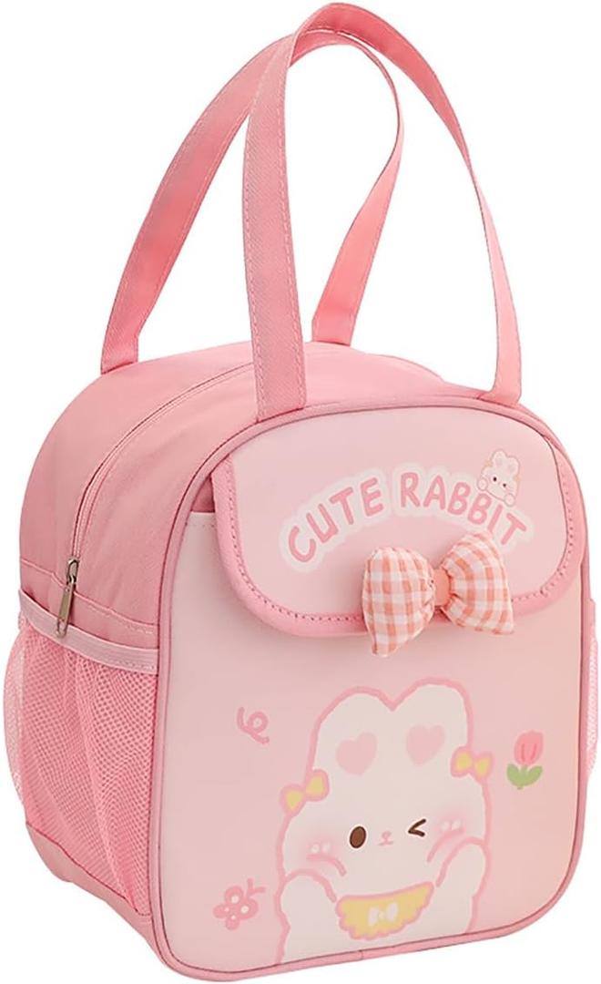 Kawaii Lunch Bag with Bow Lunch Box Cute Lunchbox Bunny Lunch Box Animal Lunch Bag Reusable Tote Bag for Picnic Work Travel (Pink)