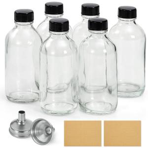 6 Pack, 4 oz Small Clear Glass Bottles with Lids & 2 Stainless Steel Funnels - 120ml Boston Sample Bottle for Potion, Juice, Wellness, Ginger Shots, Whiskey, Liquids - Mini Travel Essential Bottles