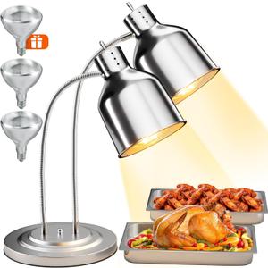 PYY Commercial Food Warmer - 2-Head Electric Heating Lamp, 500W Stainless Steel Catering Food Warming Lamp for Restaurant Kitchen, Cafeteria (Sliver)