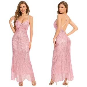 Women's V Neck Spaghetti Straps Sequin Sparkly Glitter Irregular Hem Prom Dress Bcakless Maxi Evening Gowns (Large, Pink)