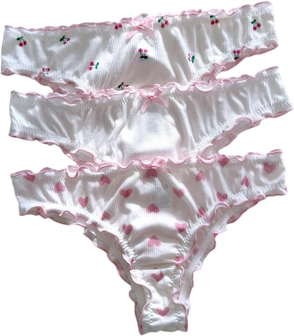SHENHE Women's 3 Packs Frilly Panties Vintage Style Heart Print Mid Rise Ruffle Cute Panties Underwear (Medium, White Pink)