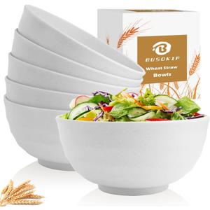 60 OZ Wheat Straw Bowls, Large Popcorn Bowl Sets of 6, Unbreakable Large Serving Bowls for Kitchen, Microwave and Dishwasher Safe Big bowl for Eating, Soup, Ramen, Cereal- White