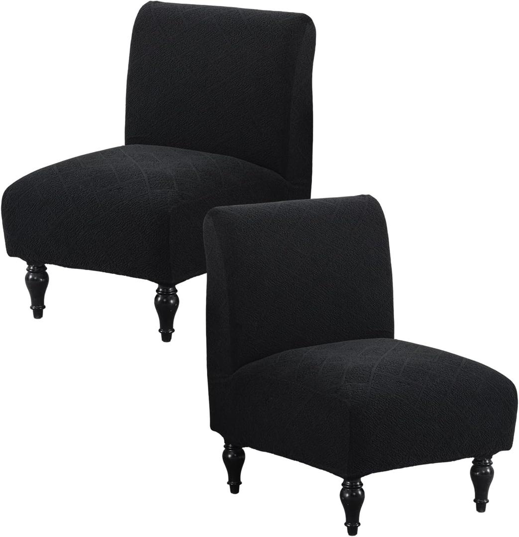 Armless Accent Chair Cover Stretch Jacquard Accent Chair Covers Without Arms Washable Armless Slipper Chair Slipcover Chair Furniture Protector Covers for Living Room Bedroom (Black, 2PC)