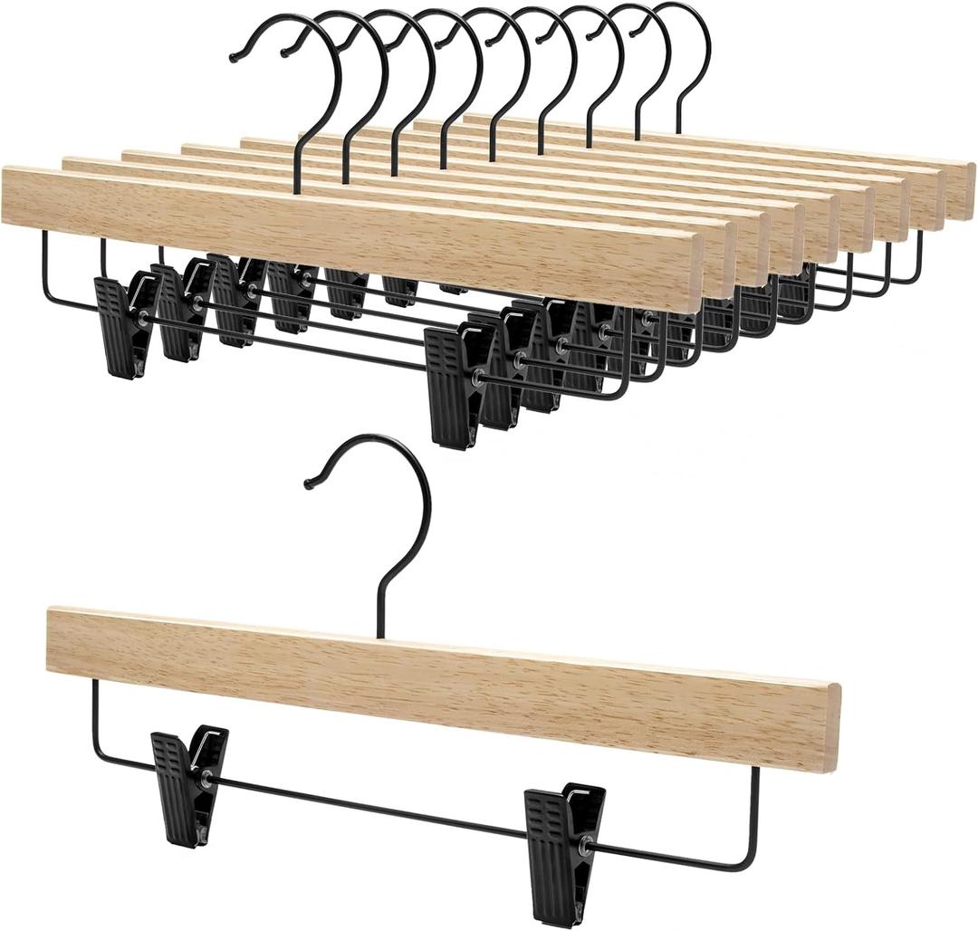 Nature Smile Deluxe Wooden Pants Hangers, Solid Rubber Wood Jeans Skirt Hanger with Black Adjustable Clips and Rotatable Hook Pack of 10 (Natural Varnished)