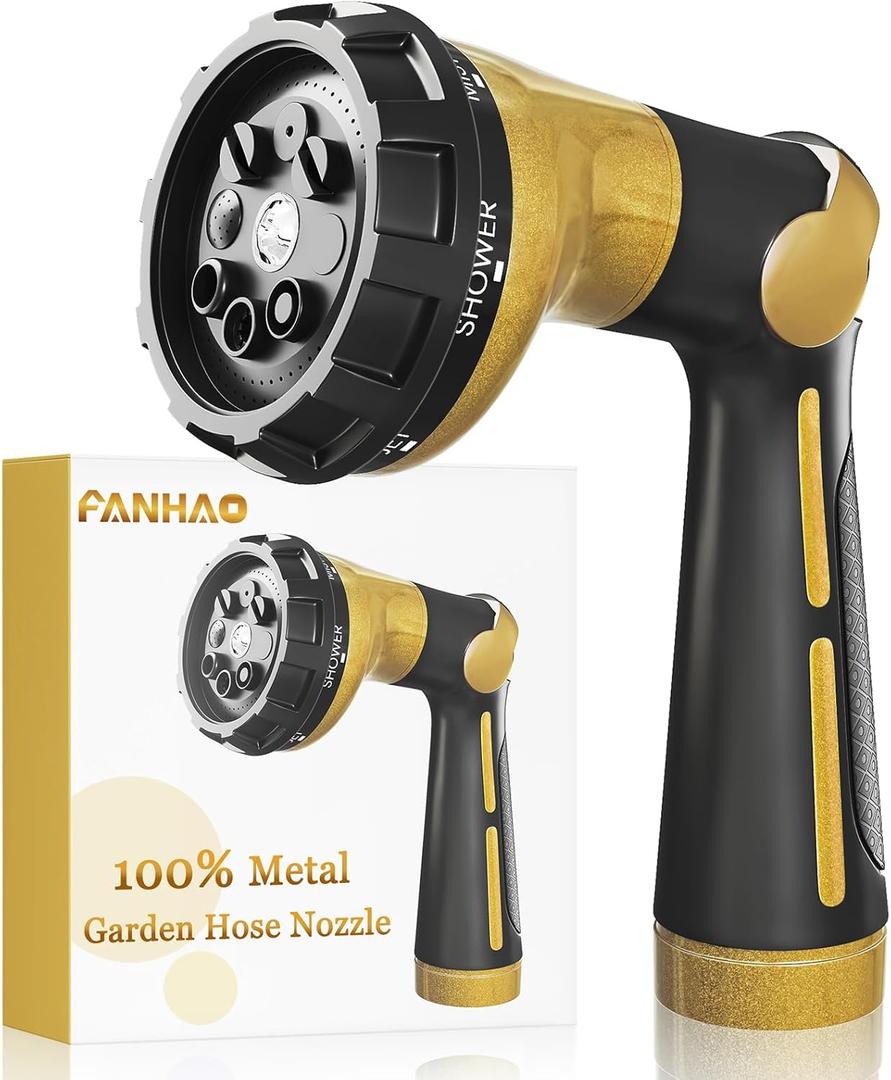 FANHAO Garden Hose Nozzle Heavy Duty, 100% Metal Water Hose Sprayer with 8 Spray Patterns, High Pressure Spray Nozzle Thumb Control On Off Valve for Outdoor Lawn & Plant Watering, Car & Pet Washing (Yellow)