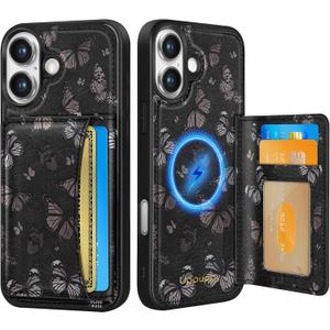 Uppuppy for iPhone 17 Case with Wallet - Fits 4 Card Slots, Compatible with MagSafe for Women Aesthetic Durable PU Leather Credit Card Holder Kickstand Phone Cover for Apple 17, Black Butterfly