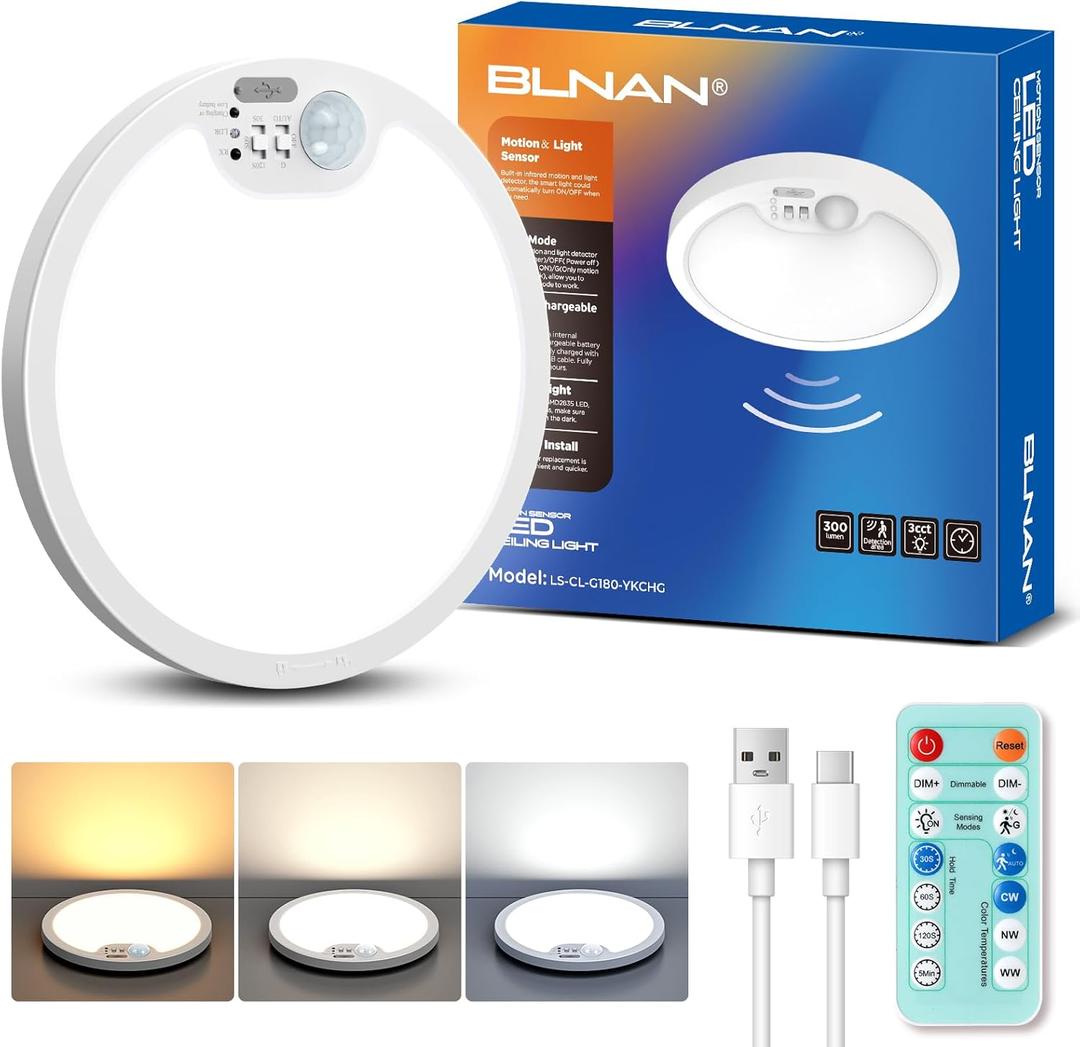BLNAN Rechargeable Motion Sensor Ceiling Light with Remote, Dimmable Closet Light, LED Shower Lights, Waterproof Battery Operated Ceiling Light for Closet Shower Stairs Shed Hallway Porch (7.1inch 1 pack)