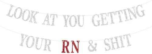 Congrats RN Banner, Congrats Grad/Future Nurse Hanging Sign, BSN/LPN/NP/FNP, Class of 2025 Nursing School Survivor Graduation Decorations Silver Glitter, 2 Pack