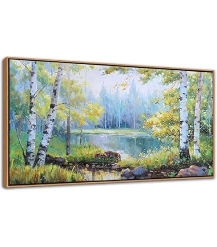 Enartly Landscape Wall Art Large Living Room Bedroom Wall Decor White Birch Tree Canvas Green Forest Painting Nature Picture Scenery Artwork Textured Framed for Bathroom Home Office Decoration 40"x20"