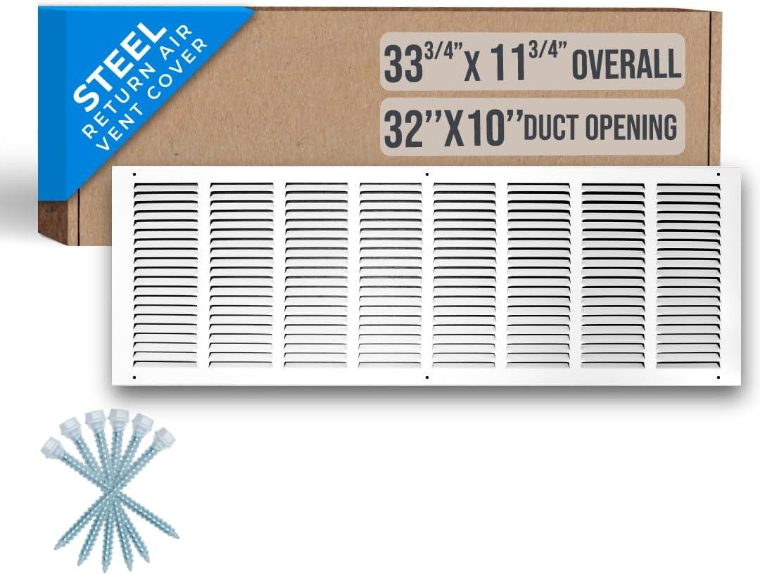 Fits 32x10 Duct Opening | Steel Return Air Grille by Handua | Vent Cover Grill for Sidewall and Ceiling | White | HVAC Cold Air Intake Grille | Outer Dimensions: 33.75"W X 11.75"