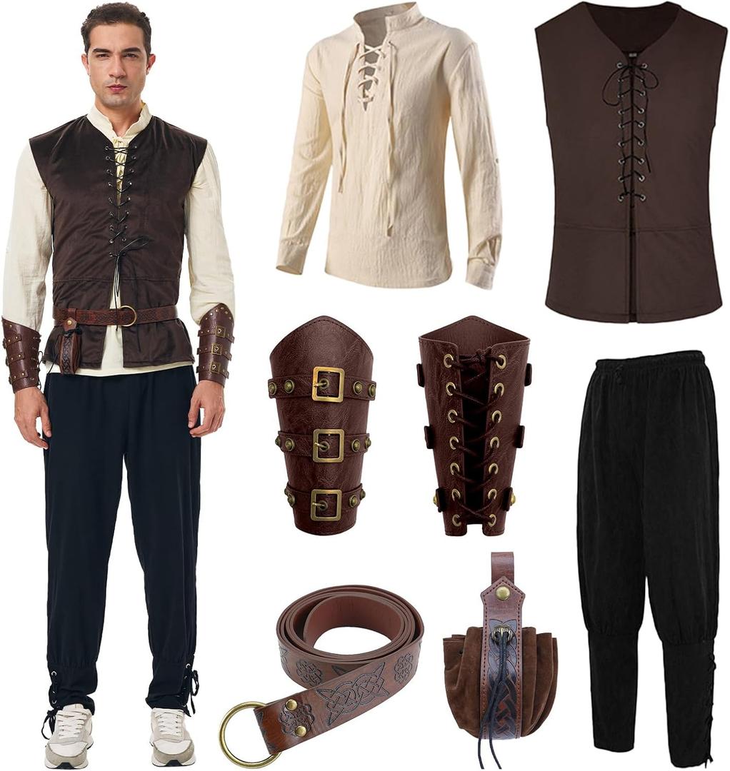 7PCS Mens Renaissance Costume Medieval Viking Outfit Pirate Shirt Pant Tunic Vest Belt Accessories for Halloween (Medium)