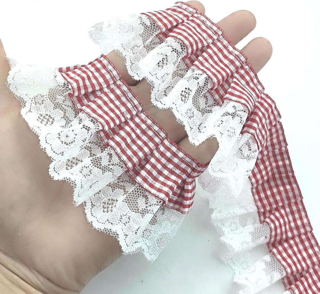 3 Yards Red Fabric Pleated Lace Edge Trim Gathered Mesh Chiffon Ribbon Embroidered Applique Sewing for DIY Sewing Wedding Bridal Dress Clothes Embellishment 2"Inch