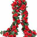 2 Pack (16FT) Artificial Rose Vine Fake Flowers Garland Hanging Silk Rose Ivy Plants Vine for Mother's Day Wedding Arch Party Garden Wall Aesthetic Art Dcor (Red)