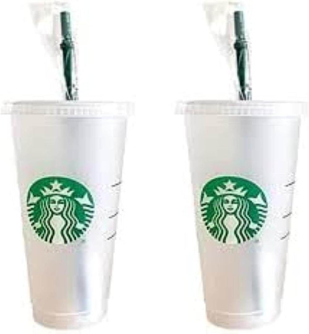 2 x Starbucks 2 Pack Bundle - Reusable Frosted 24 oz Cold Cups with Lid and Green Straw w/Stopper