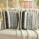 FUTEI Pack of 2 Boho Chenille Decorative Throw Pillow Covers 18x18 Inch Soft Plush Tufted Striped Textured Cushion Case,Farmhouse Accent for Couch Bed Living Room, Black White