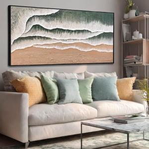 Green Abstract Framed Canvas Wall Art/White Pink Textured Pictures/Minimalist Green Color Art Print for Living Room,Bedroom Dining Room Office 24"x48"