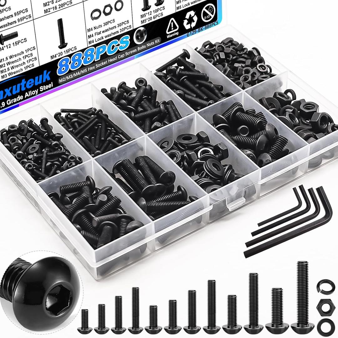 mxuteuk 888PCS Metric Screw Assortment Kit,M2 M3 M4 M5 Machine Screws,10.9 Grade Alloy Steel Metric Hex Button Head Cap Screws Nuts and Flat Washers Assortment Kit for 3D Printing