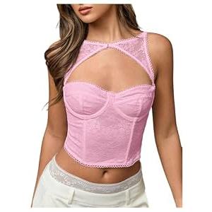 WDIRARA Women's Cut Out Lace Crop Bustier Corset Tank Top Sexy Going Out Party Club Tops Pink X-Small