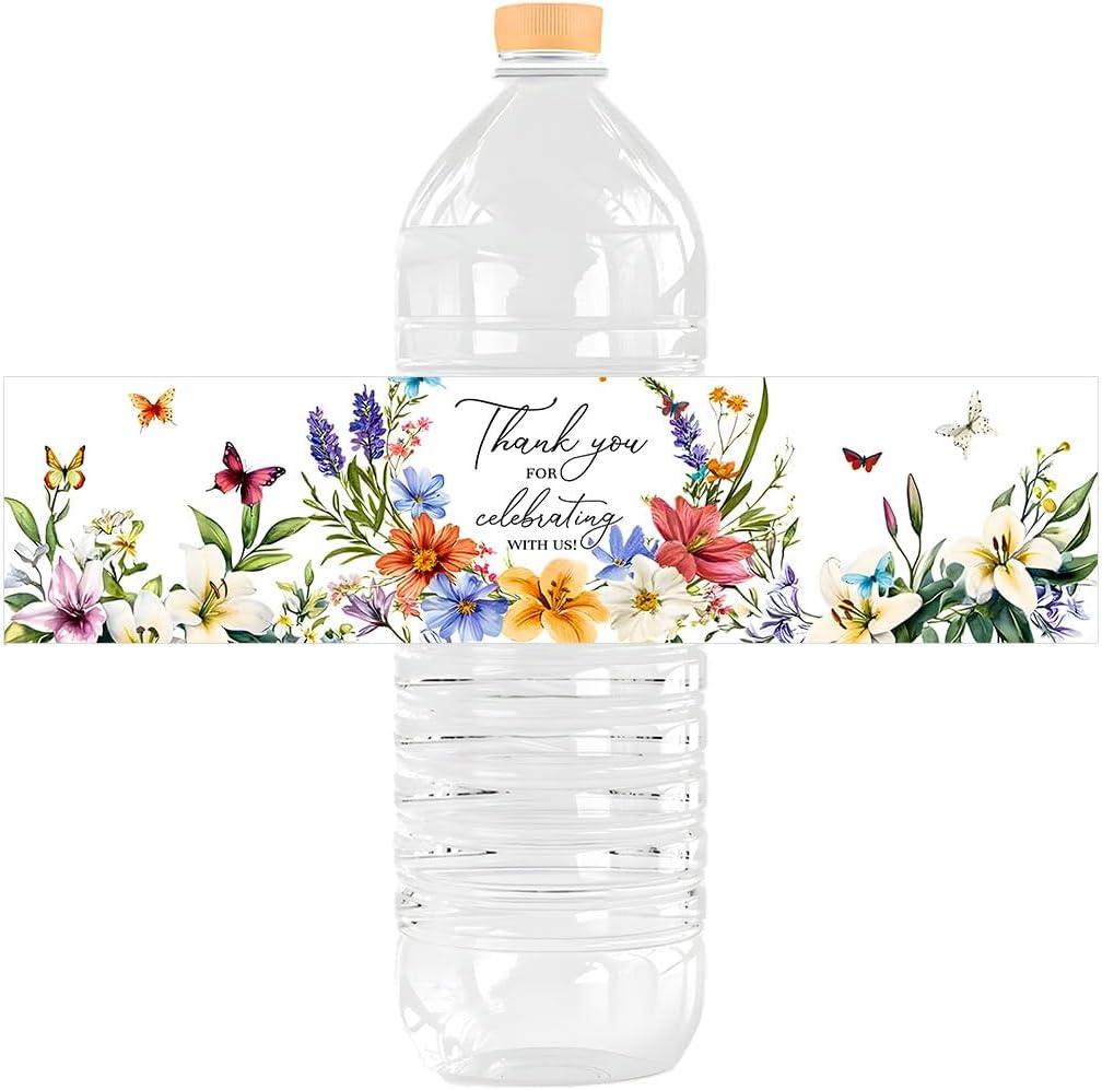 100 Pieces Butterfly Water Bottle Labels Thank You Colorful Floral Wedding Bottle Wraps for Bridal Baby Shower Birthday Party Anniversaries Decoration