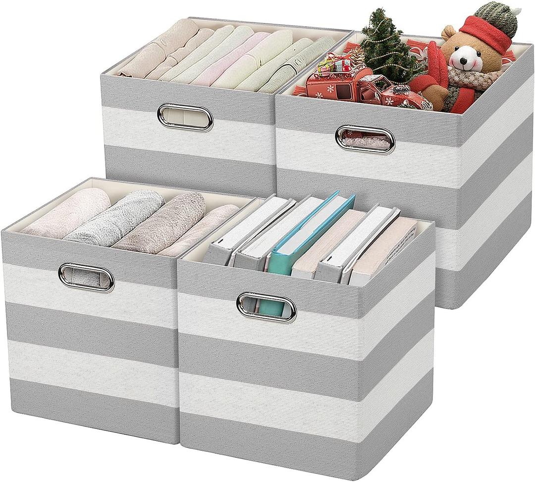 Posprica 3X Thicker Storage Bins Storage Cubes,1111 Collapsible Storage Boxes Containers Organizer Baskets for Nursery,Office,Closet,Shelf - 4pcs, Grey-white Striped