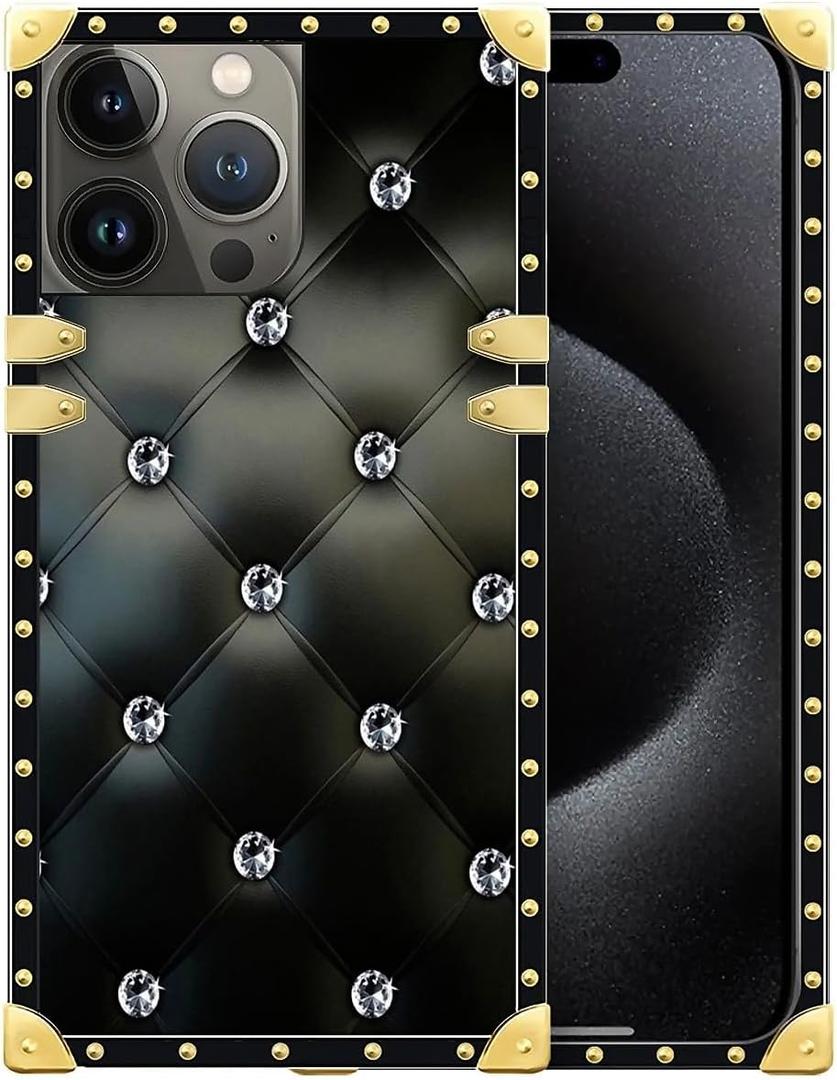 WANKBLC Compatible with iPhone 16 Pro Max Case, Shiny Black Sofa Crystal Luxury Golden Decoration for Girl Women Soft TPU Shockproof Protective Hard PC Back