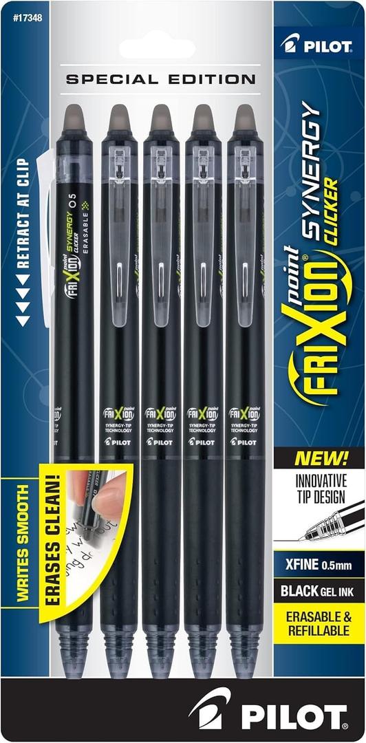Pilot FriXion Synergy Clicker Erasable, Refillable, Retractable Gel Ink Pens, Extra Fine Point 0.5 mm, Pack of 5, Black Ink, FriXion Erasable Pens 0.5 - Ideal for School & Office Writing