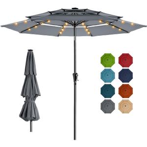 HOMSHADE 9FT 3-Tier Solar Patio Umbrella Heavy Duty,Vented Market Table Umbrella Windproof w/32 LED Lights,UPF50+,5-Year Fade Resistant,8 Thicker Ribs for Pool,Lawn,Garden,Deck (Grey,No Base)