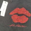 Women's Rhinestone Fitted Tight Snug Shirt Sexy Red Lips (Medium, Black Tank Top)