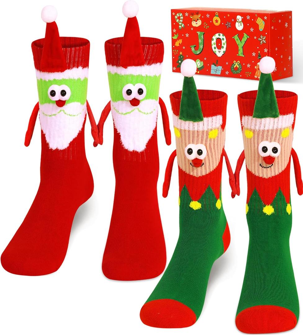 U-Goforst Funny Christmas Socks Magnetic Hand Holding Socks Novelty Crazy Socks White Elephant Gifts for Women Men Couples (One Size, Santa Elf-red_green)