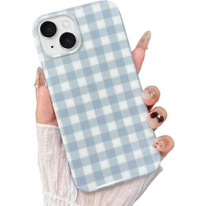 for iPhone 15 Case, Cute Gingham Pattern Aesthetic Phone Case, Stylish Shockproof Soft TPU Phone Cover for Women Girls, Grey Blue