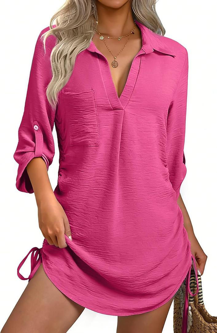 GKBK Women Swimsuit Coverup Bathing Suit Cover Ups for Swimwear Swim Summer Bikini Beachwear Drawstring Beach Dress Shirt (Pink, L)