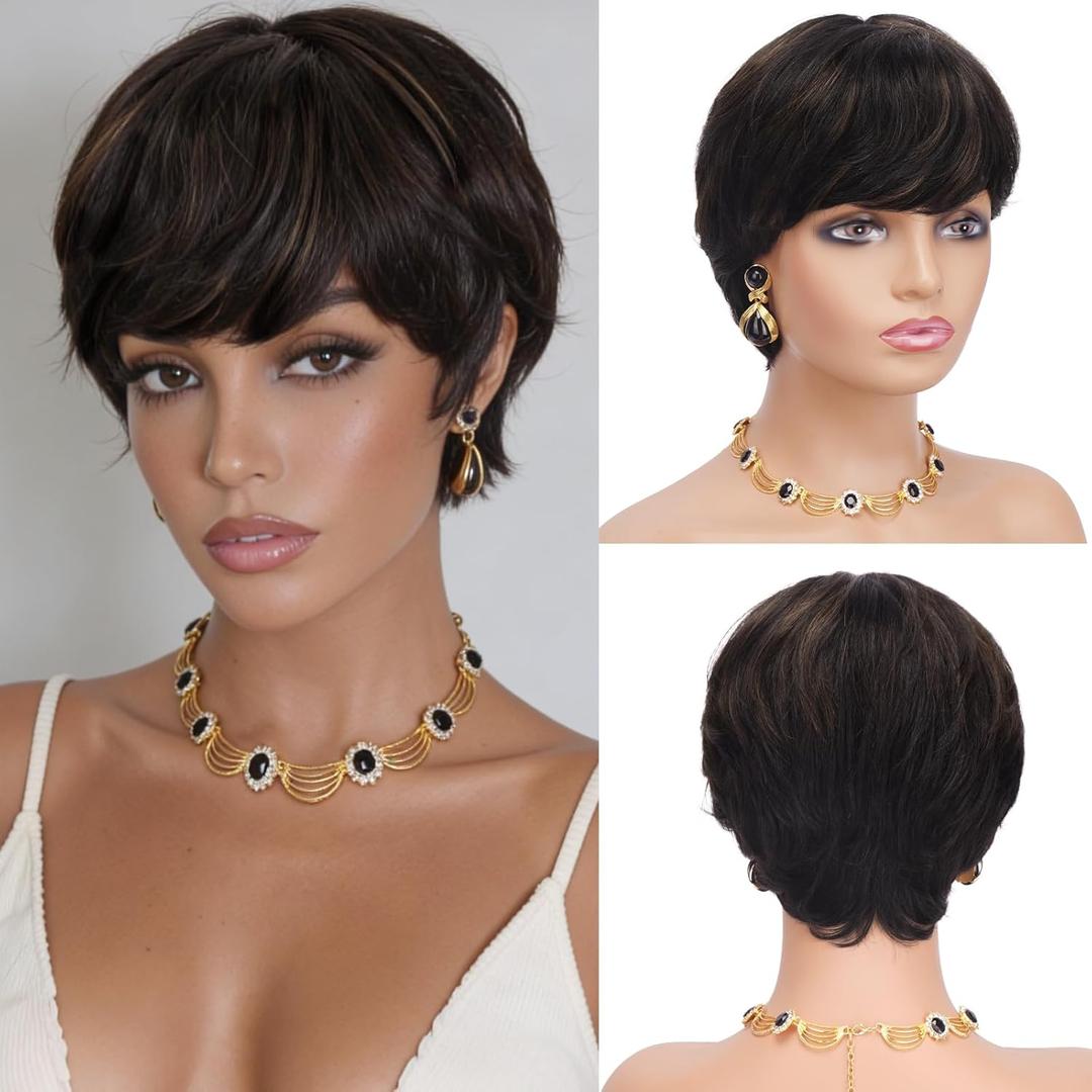 Pixie Cut Wig Human Hair  Glueless Short Wig with Bangs for Black Women, None-Lace Front, Ready to Wear Layered Pixie Style - Black Mixed with Brown Pixie Cut Wig