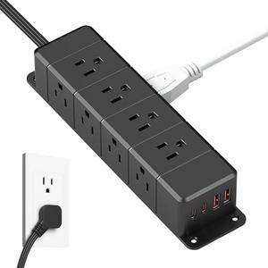 45W USB-C Fast Charging Under Desk Power Strip,12 Outlet Mountable Power Strip with 4 USB,1200J Surge Protection,10FT Flat Extension Cord Black