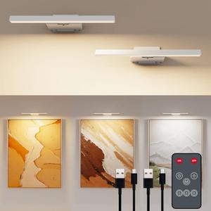 Picture Lights for Wall, Rechargeable 6000mAh Battery Wall Sconce with Remote & Timer, Dart Board Light for Poster Artwork Paintings Gallery, 3 Color Temperatures (2 Pack) (White)