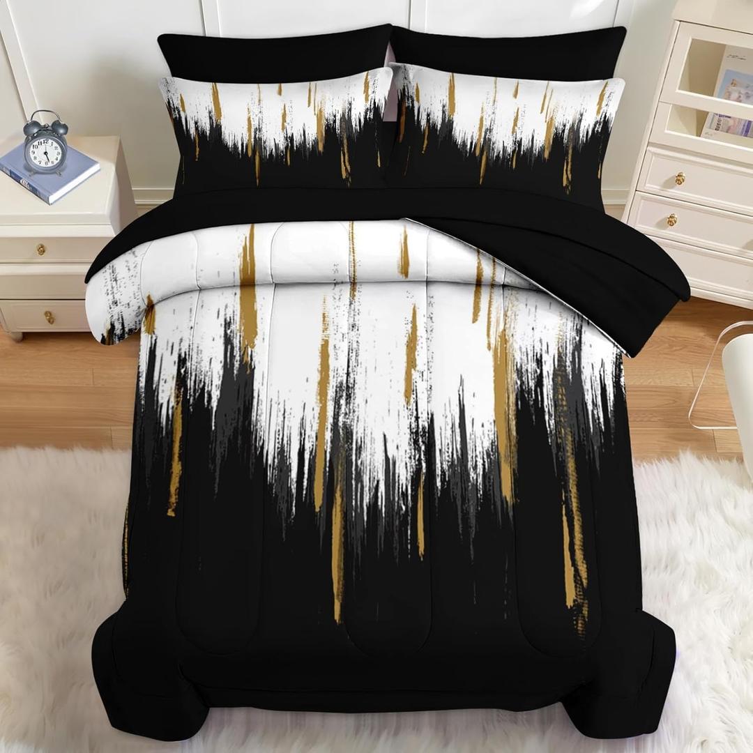 Nesker Comforter Set King Size, Black Gold White 7 Pcs Bedding for Kids and Adults, Abstract Oil Painting Bed Sheet Sets with Fitted Sheet 2 Pillowcases & 2 Shams