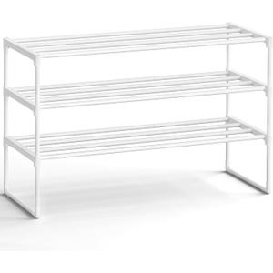 SONGMICS Shoe Rack, 3-Tier Shoe Organizer, Metal Storage Shelf, Upright or Upside Down, for 16-20 Pairs, Stackable, for Entryway, 11.8 x 36.2 x 21.7 Inches, Pearl White ULSA303W03