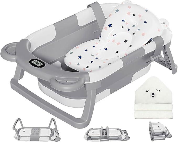 MoreFeel Collapsible Baby Bathtub for Newborn with Thermometer & 1 Hooded Towel & 1 Soft Floating Cushion,Portable Travel Bathtub with Drain Hole, Durable Foldable Baby Tubs for Infants to Toddler