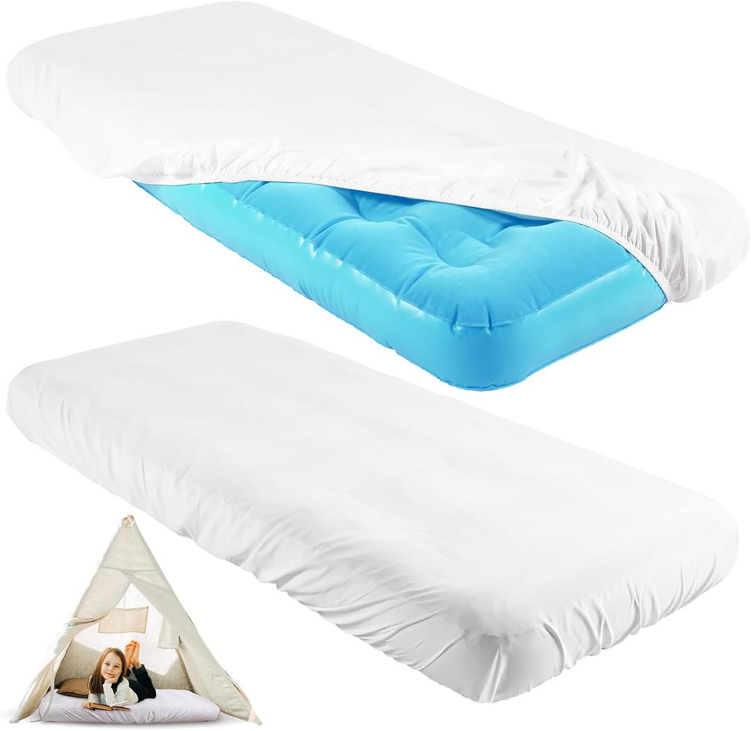 Breling Kids Air Mattress Fitted Sheets Compatible with Intex Cozy Kidz (Sheet Only) Toddler Inflatable Mattress Sheets for Kids Sleepover Party Travel Camping Airbed(White,2 Pcs), fit about 62.2 x 34.6 x 7 inches