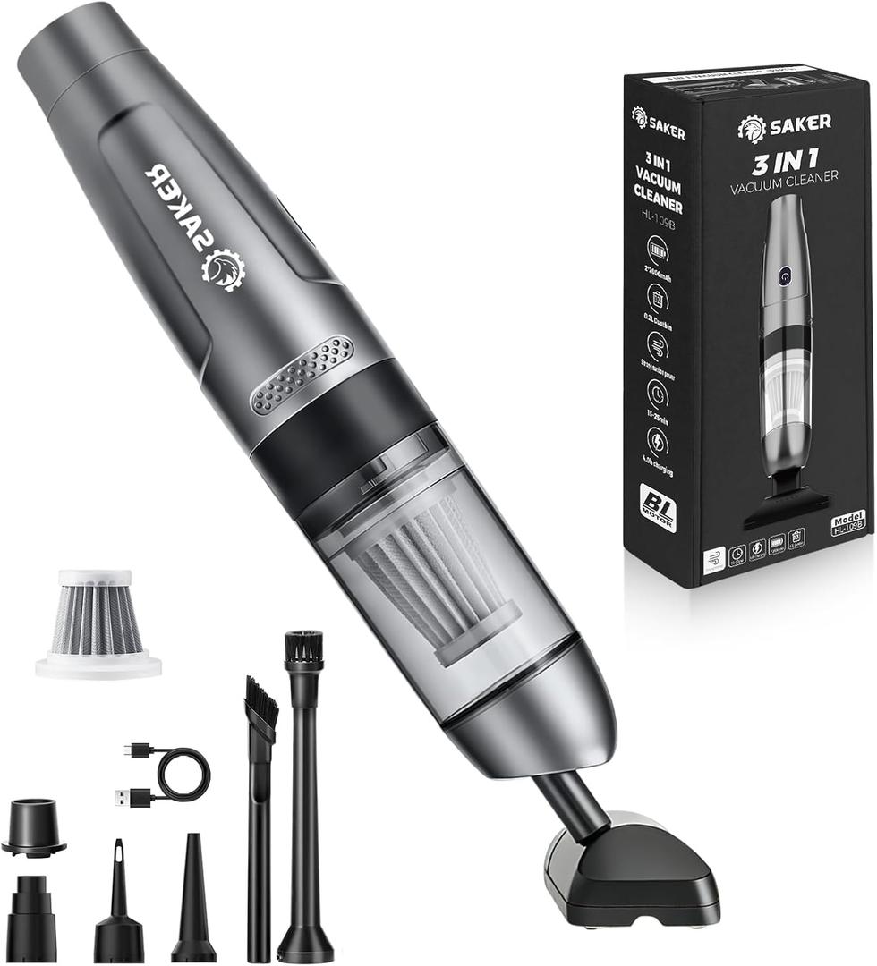 Saker Mini Handheld Vacuum Cleaner Portable for Cars | Cordless Small Car Vacuum, Brushless Motor and Steel Filter, for Gifts, Bedrooms, Offices Cleaning HL109B