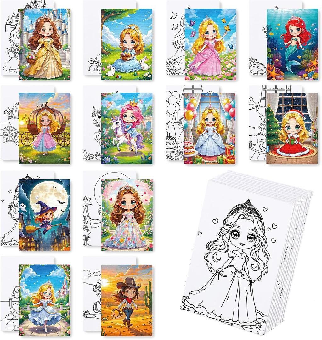 Zynlio 12 Packs Princess Pre Drawn Canvas for Painting, Pre Printed Cute Bulk Painting Canvas with Pictures to Paint Gift