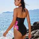 SUUKSESS Women Sexy Tummy Control One Piece Swimsuits Halter Push Up Monokini Bathing Suits (Black Red Floral, L)