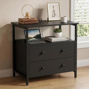 Edbuosy 27 inch Wide Night Stand with Charging Station, Bedside Table with Open Shelf, 2 Drawers Small Wood Dresser, Modern Wood Nightstand for Bedroom/Living Room (Black)