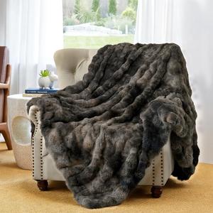 Wajade Fluffy Faux Fur Throw Blanket for Couch Bed 90x90, Luxury Soft Thick Fuzzy Plush Bubble Blanket, Warm Cozy Blanket for Sofa Chair, Tie-dye Dark Grey