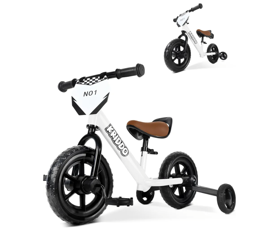 KRIDDO 2-in-1 Kids Tricycle and Toddler Balance Bike 2 Year Old, Detachable Pedals and Stowable Training Wheels, DIY Plate, Riding Trikes Toy for Ages 18 Months to 3 Years, White