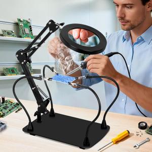 10X Magnifying Glass with Light and Stand, KUVRS Magnetic Helping Hands Soldering Station, PCB Holder Magnifying Lamp, 3 Color Adjustable Arm Hands Free Magnifier with Light for Soldering Craft Hobby (On-line Switch)