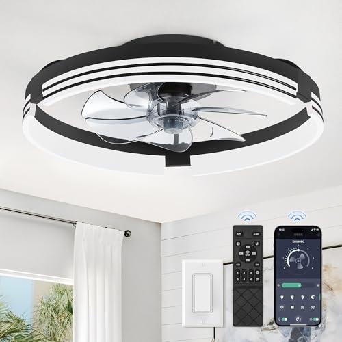 ZMISHIBO Low Profile Ceiling Fans with Lights and Remote, 20 Inch Flush Mount Ceiling Fan with Light, 3000K-6000K Dimmable Fandelier LED Fan Light, 6 Wind Speeds Black Ceiling Fans for Bedroom