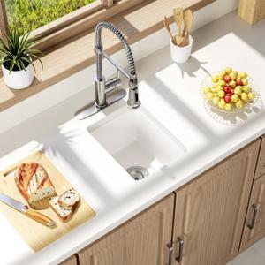 Enbol White Bar Sink Undermount, 12 x 15 Inch Granite Kitchen Sink Small Wet Bar Sink RV Quartz Sink EGS-1215-W, Exterior: 12"L x 15"W x 8 2/8"H